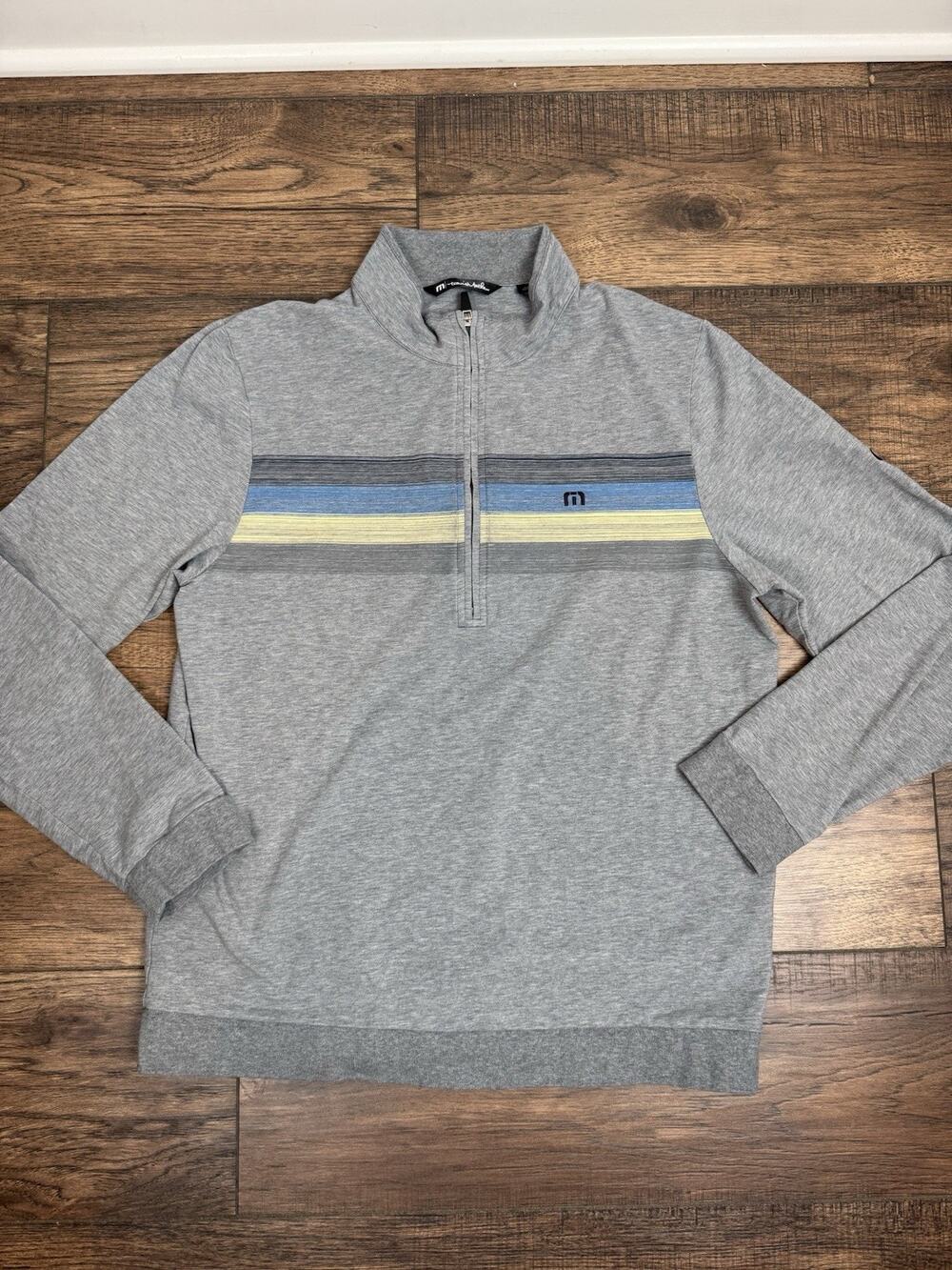Travis Matthew Perth Performance 1/4 Quarter Zip Mens M Gray Stretch Blue Stripe